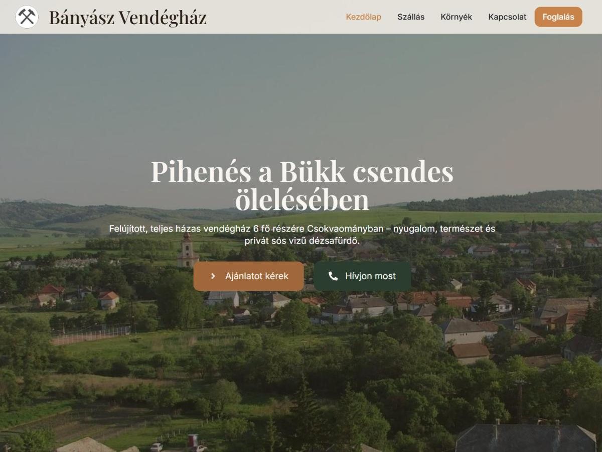Bányász Vendégház weboldal — képernyőkép